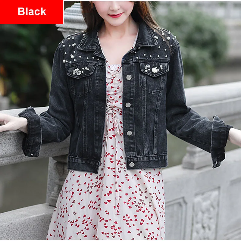 Black Короткие джинсовые куртки размера плюс с жемчужинами и бусинами 3Xl 5Xl Женские винтажные повседневные джинсовые куртки с длинным рукавом - Цвет: Black