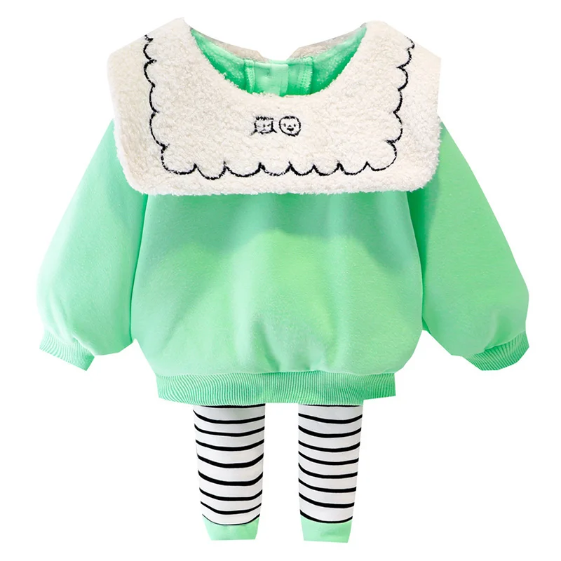 Toddler Girl Fall Clothes Baby Cotton Doll Collar Set Newborn Kids 2-Pices Clothing Children Cute Top+Stripe Pants Outfit 6M-4T