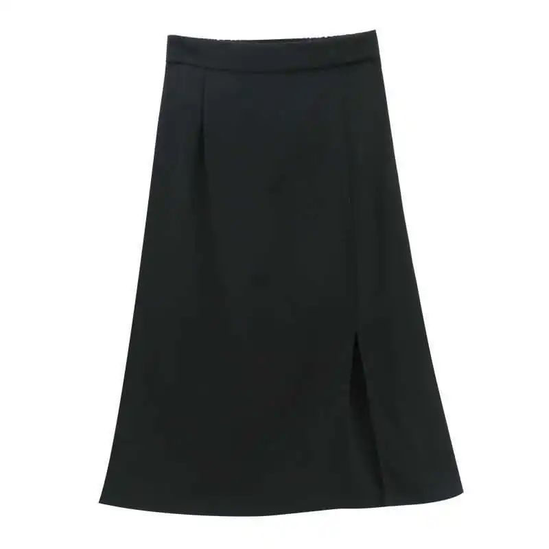 

Fashion High-waist Side-split Midi Skirt Skirts Women Black Ladies Stretchy Body-con A-line Vintage Elegant All-match Simple New