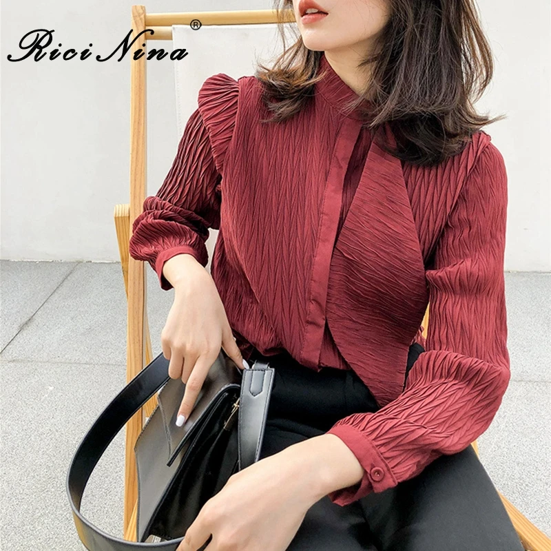 RICININA Блузка Поло женская длинный рукав на пуговицах одноцветная в винтажном