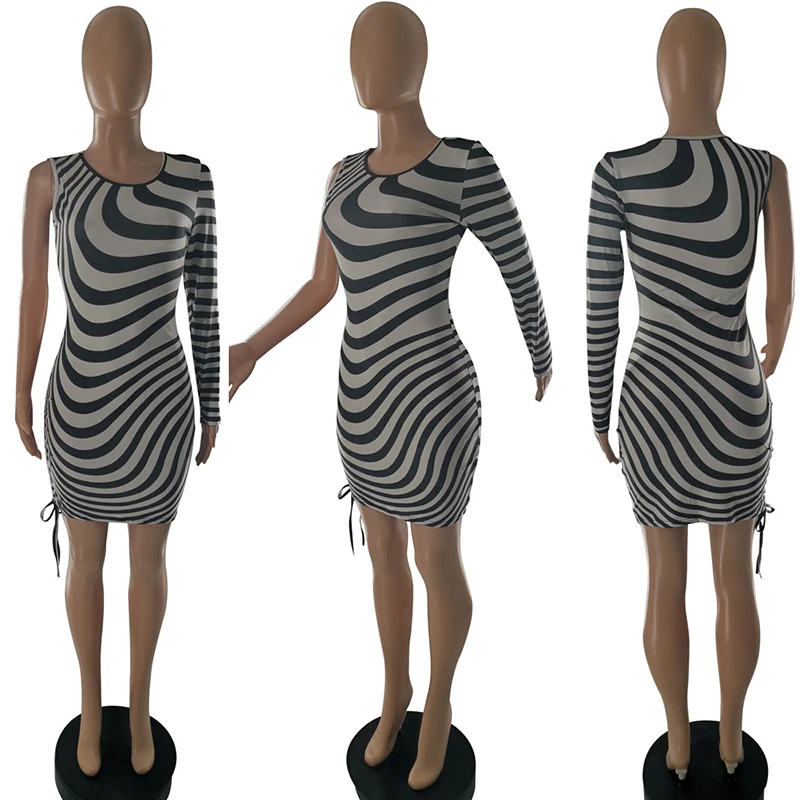 

Sexy Zebra Stripe Print Dress Slim One Sleeve Mini Dresses For Women 21 Summer Purple Orange Fashion Club Clothes Female CX1611