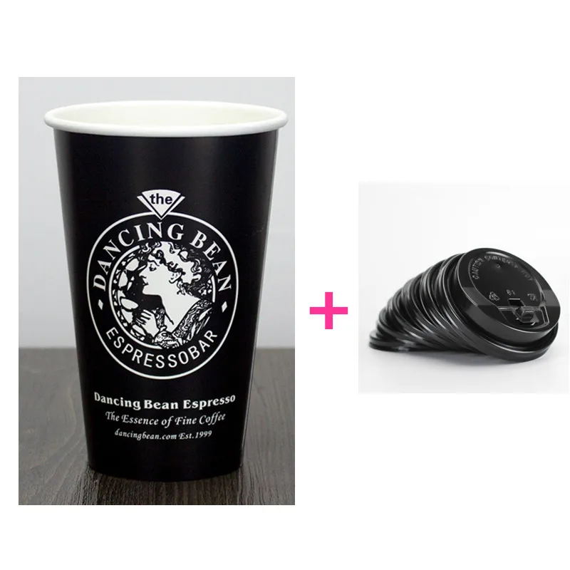 cup and black lid 50 шт., высокое качество, креативные одноразовые кофейные чашки, 300 мл, 400 мл, 500 мл, 700 мл, различная емкость, черные бумажные стаканчики для напитков с крышкой - Цвет: cup and black lid