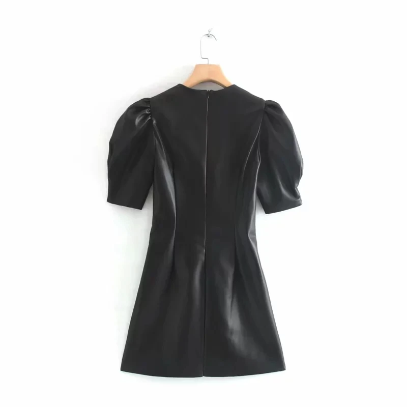 Осеннее кожаное платье для женщин уличный винтажный буф с рукавами и круглым