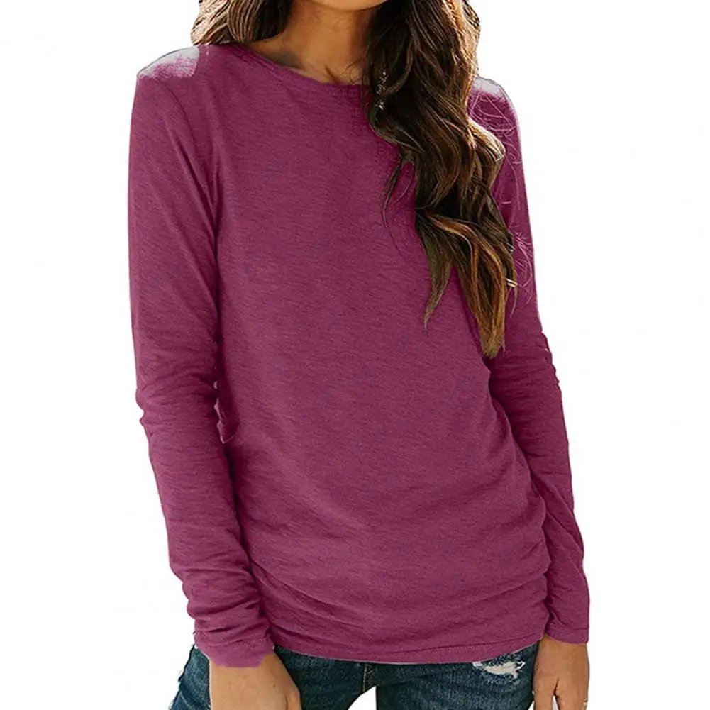 

2021 Autumn Women Top Solid Color Round Neck Long Sleeves Slim All Match Lady Shirt Slim Pullover Tops Casual Female Clothes
