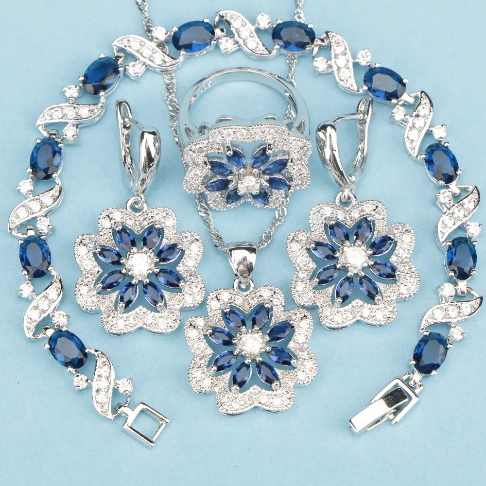 Королевский синий камни Белый CZ цветы Ювелирные наборы Серебро 925 пробы для