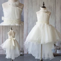 new ivory flower girls dresses halter pearls sash pageant dress for girls hi lo kids birthday gowns custom made
