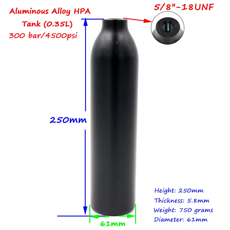 Пейнтбольный бак 0.35L/21CI PCP цилиндр 300Bar/4500psi алюминиевая воздушная бутылка черного