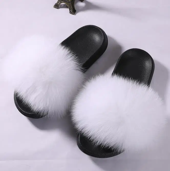 Real Raccoon Fur Slippers Women Sliders Casual Fox Hair Flat Fluffy Fashion Home Summer Big Size 45 Furry Flip Flops Shoes - Цвет: fox