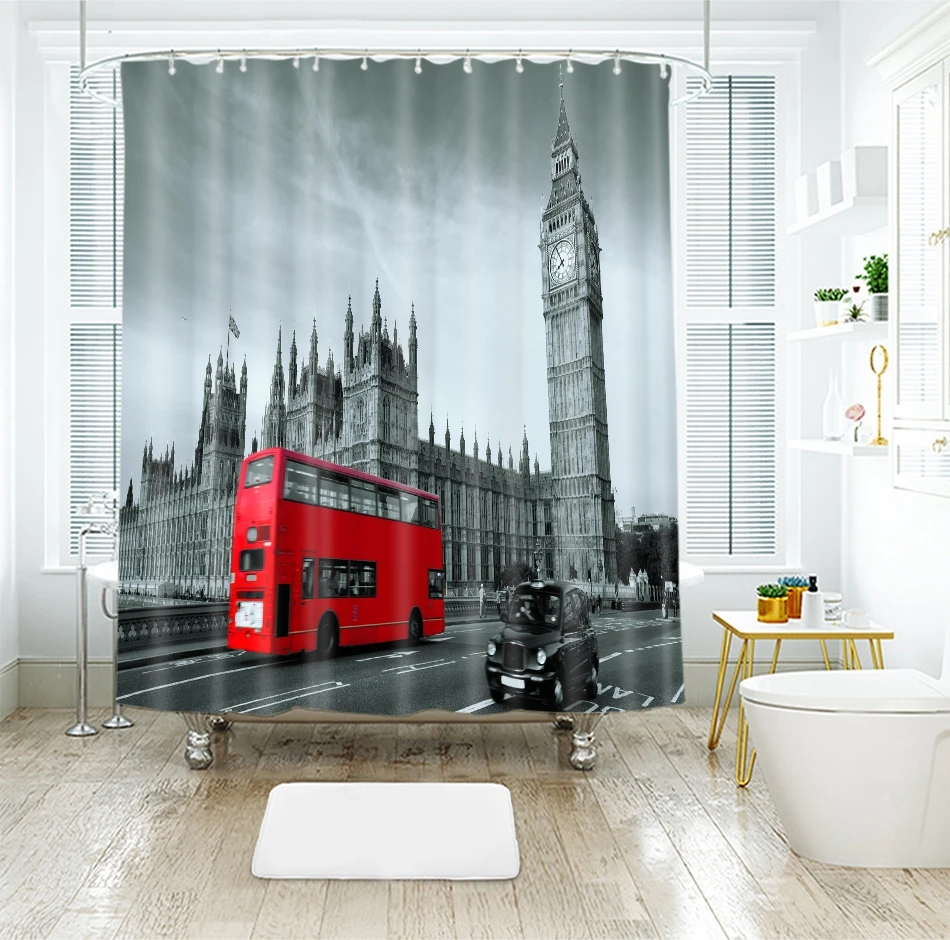 3d красочный город и высокое здание красный автобус занавески для душа