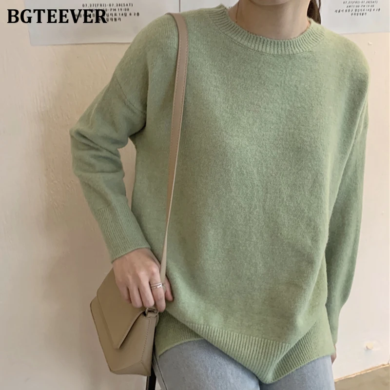BGTEEVER яркие цвета Осень-зима Женский вязаный свитер с круглым вырезом Свободный