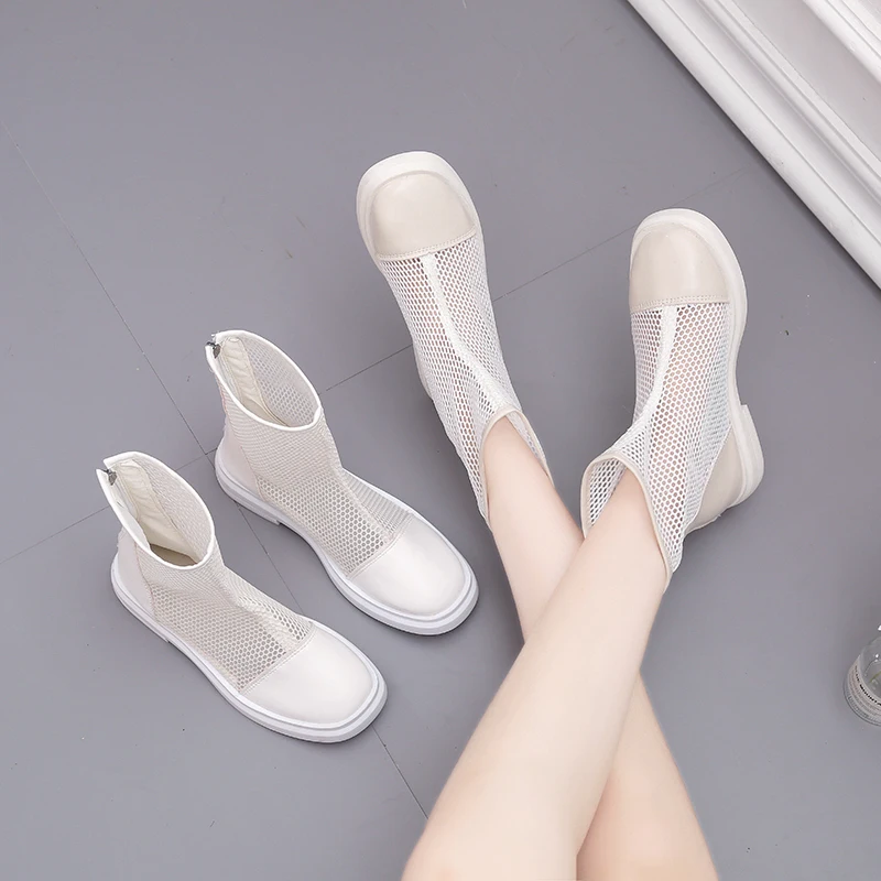 

BomKinta High Top Zipper White Shoes Woman Punk Style Ankle Boots Women Hollow Out Breathable Ladies Platform Shoes Female Boots