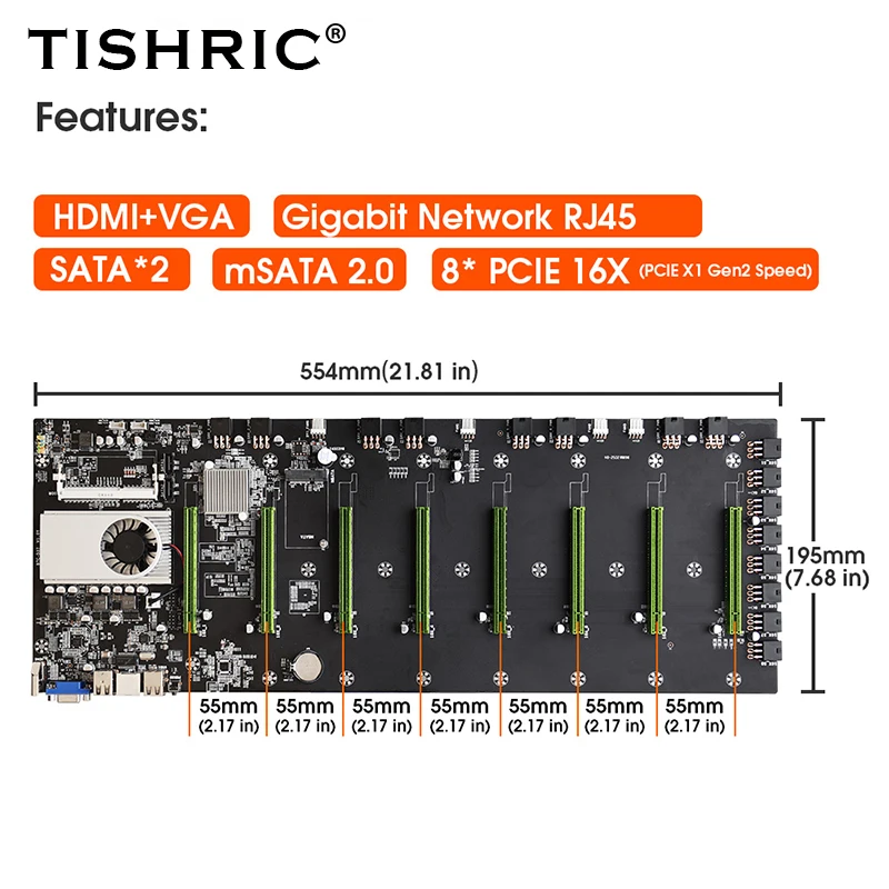 Материнская плата TISHRIC BTC-D37 16X для майнинга с поддержкой 8 GPU карт 6Pin PCIE 1600 МГц |