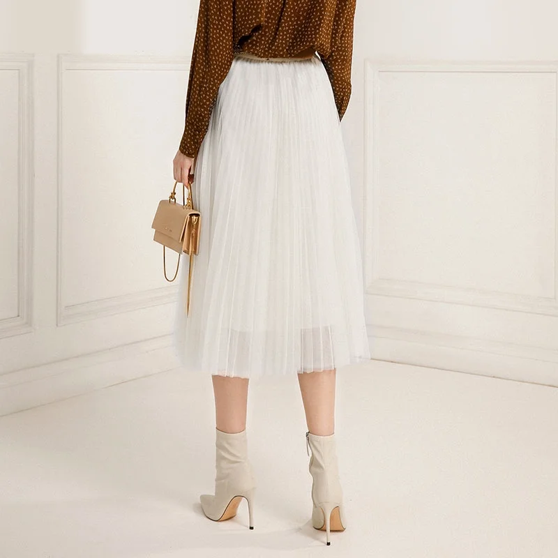 

Spring Summer Gothic Black White Long Mesh Skirt Vintage England Preppy Style High Street Elastic Waist Basic Accordion Skirts