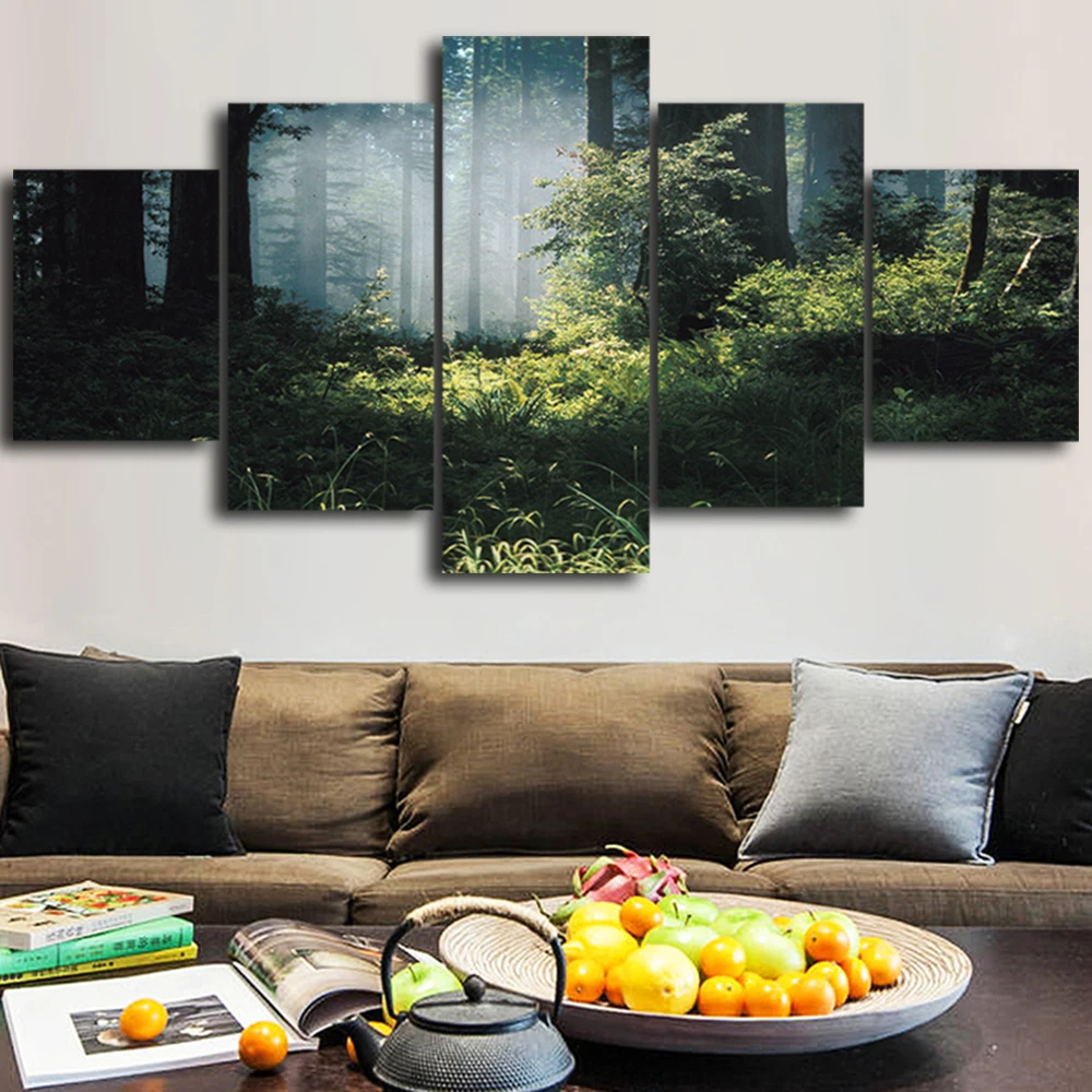 Canvas HD Prints Pictures Framework 5 Pieces Green Forest Landscape Paintings Home Wall Art Decor Posters | Дом и сад