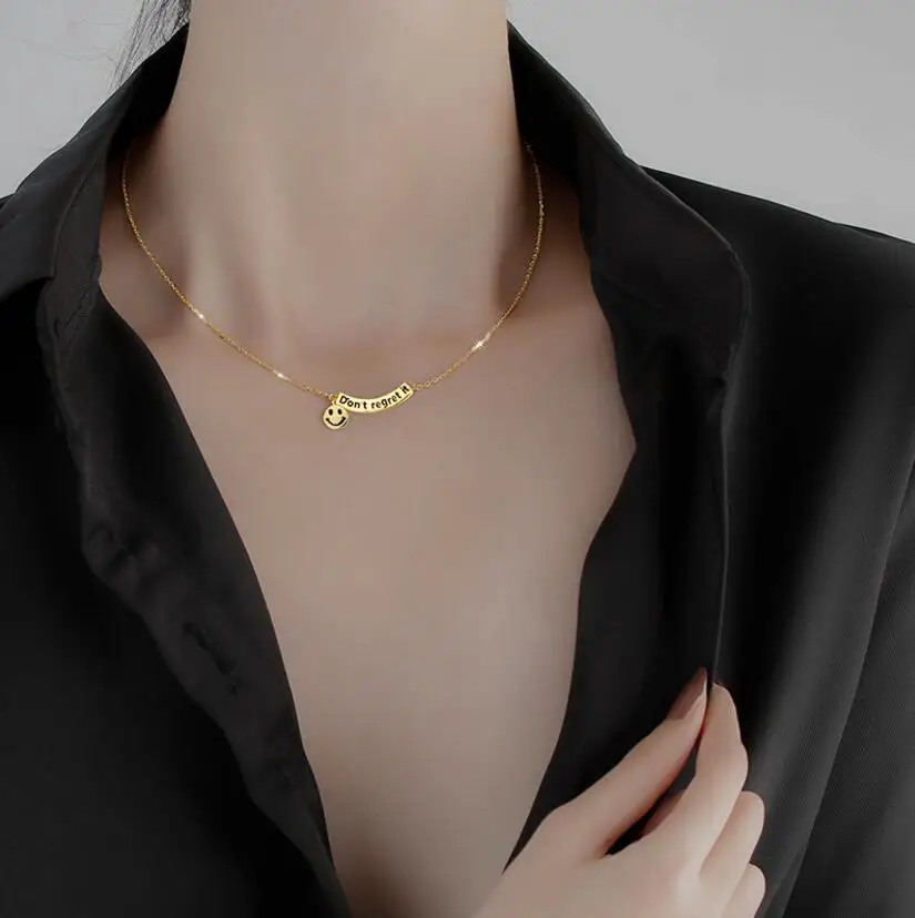 

925 Sterling Silver Happy Curved Letter Smiling Face Chain Necklace for Women Gold Color Charm Necklace Wedding Party Jewelry