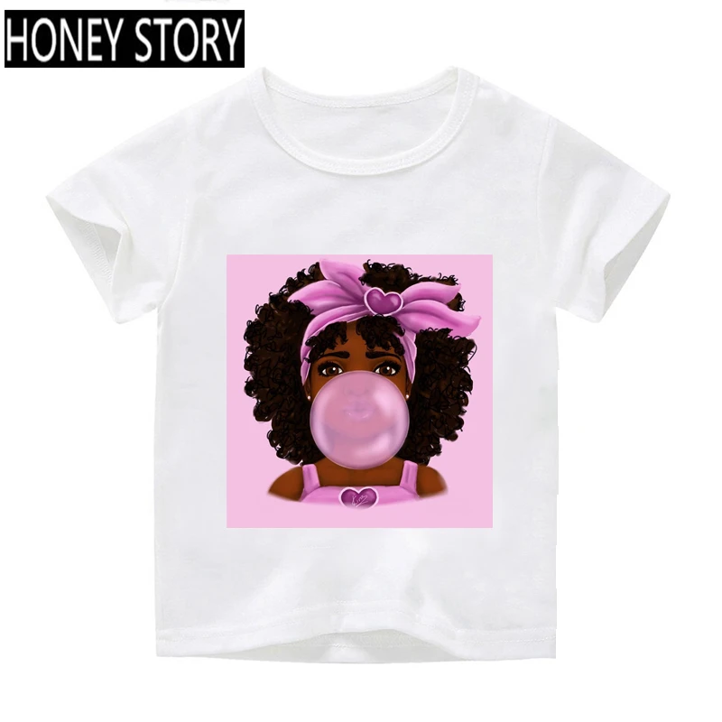 

Bubble Gum Melanin Black Girl Cool Funny Print White Hip Hop Harajuku Toddler Girls Korea Creative Kids T-shirt Fashion Tops Tee