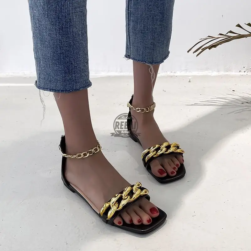

Women's Sandals Summer Flat-heeled Chain With Decorative Buckle Straps Women's Shoes Square Toe Solid Color Fashion Women's Shoe