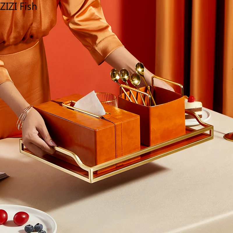 

American Orange Leather Tissue Box Dressing Table Jewelry Cosmetics Storage Basket Desktop Debris Rack Square Storage Box Tray