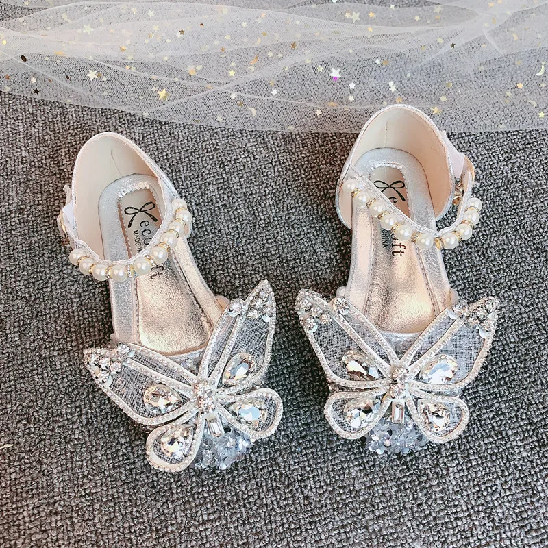 

New children's princess shoes girl's wedding crystal shoes bow flower children's shoes girl's silver shoes dress shoes 23-35
