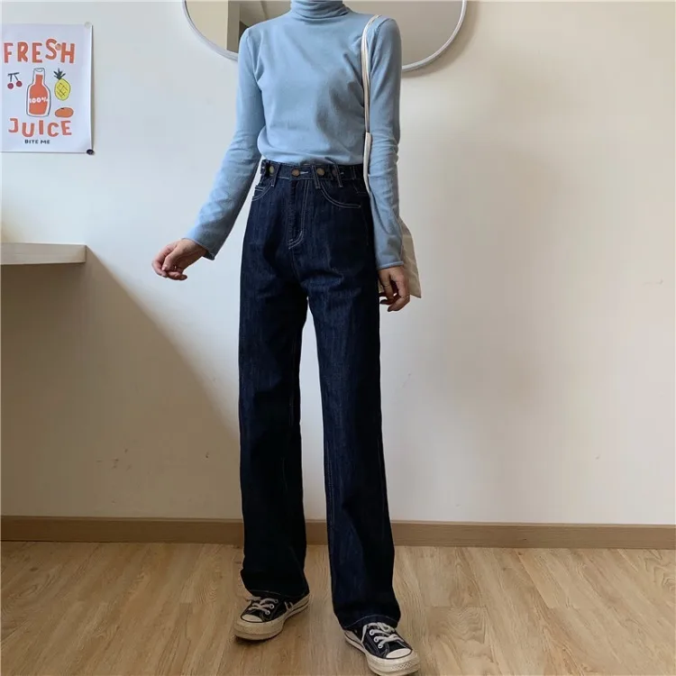 Dark Blue Jeans Women Wide Leg Pants 