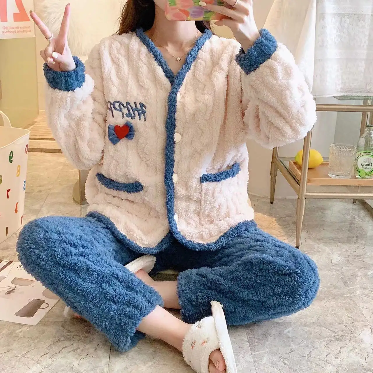 Pajamas Women's Autumn And Winter Solid Color V-Neck Cardigan Linen Pattern Plus Velvet Thickening Home Service Suit