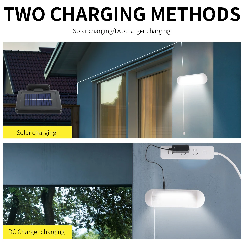 

Double Head Solar Lamp Pendant Light Separable Solar Panel and Light With Line Pull- Switch Waterproof Outdoor Indoor Lighting
