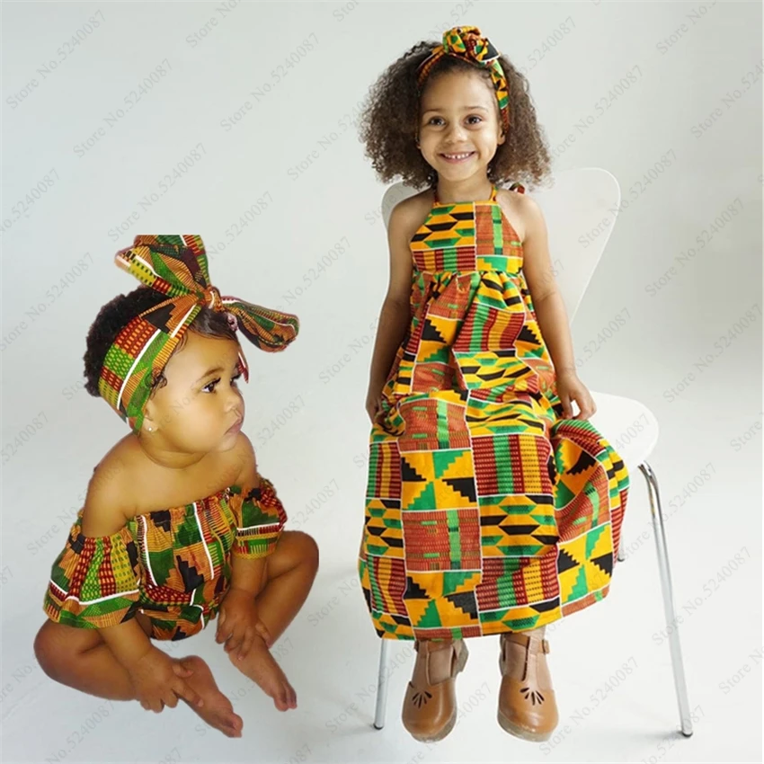 Baby Girls Party Dress African Clothing Children Bazin Riche Dashiki Fashion Dresses Kids Jumpsuit Printed Rompers with Headband |