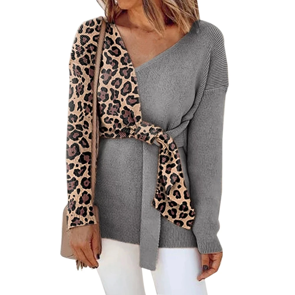 Women Patchwork Blouse Sweater Long Sleeve Bandage Baggy V Neck Loose Boho Ladies Two Tone Leopard Shirt Tops 2019 New | Женская одежда