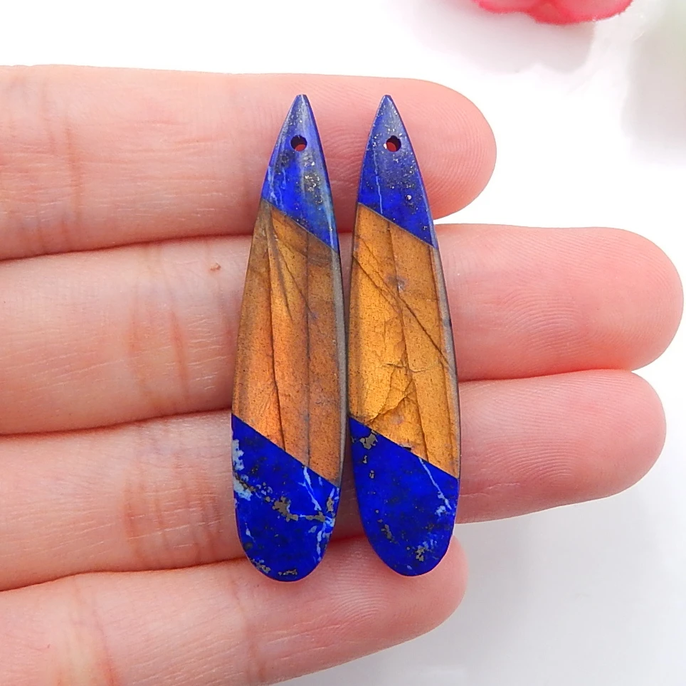 

Natural Gemstone Labradorite,lapis lazuli gemstone beads Intarsia earrings earring Set 40x10x5mm6.3g