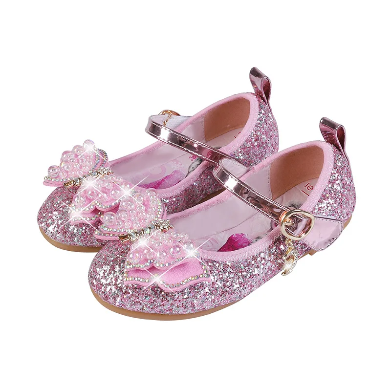 

Disney Children Shoes Frozen Princess Aisha Spring and Autumn Fashion New Non-slip Soft Bottom Girl Dream Pearl Bow for kids
