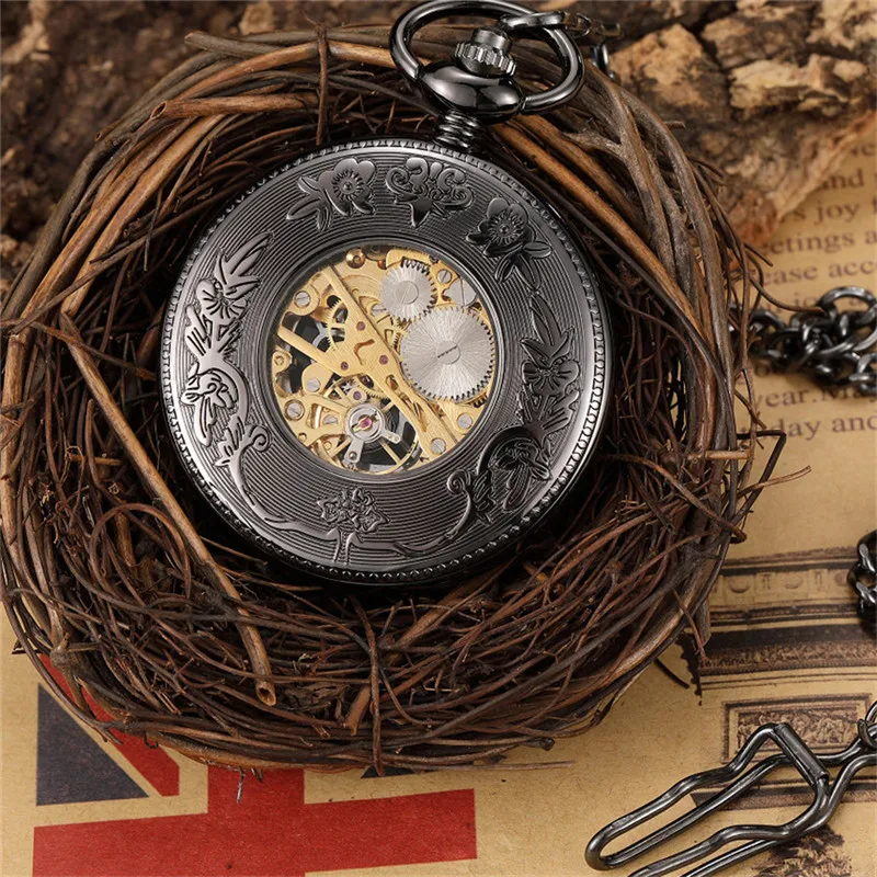 Vintage Black Hollow Skeleton Mechanical Pocket Watch Men Steampuk Hand Wind Pendant Clock Chain Arabic Numerals Dial for Gift