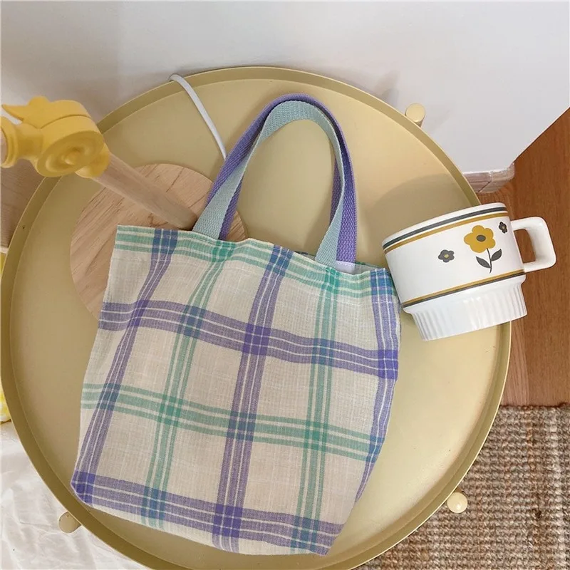

Women's fresh plaid hand-carried canvas bag Japanese all-match girl shoulder bag student cotton bag women handbags