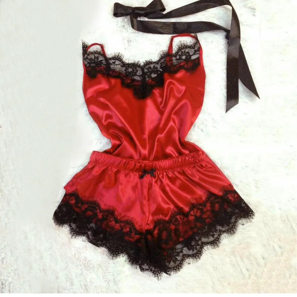 

Women's Sleepwear Sleep Wear Lingerie Sexy Satin Set Lace Pyjamas Sleeveless Cute Cami Silk Satin Babydoll V-Neck pijama mujer