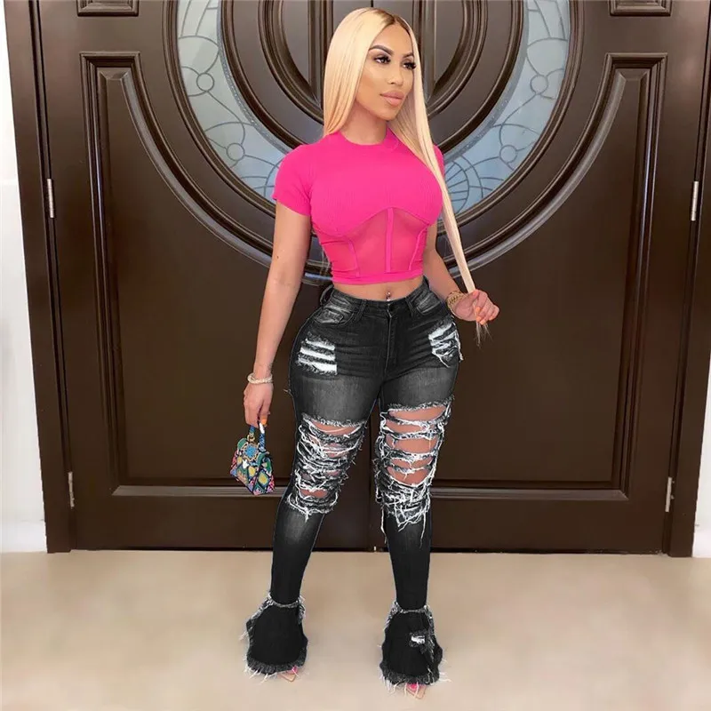 

2020 Summer Denim Pants Women Retro Solid Sexy Hole Jeans Ripped Flare Trousers Street Skinny High Waist Lady Pants