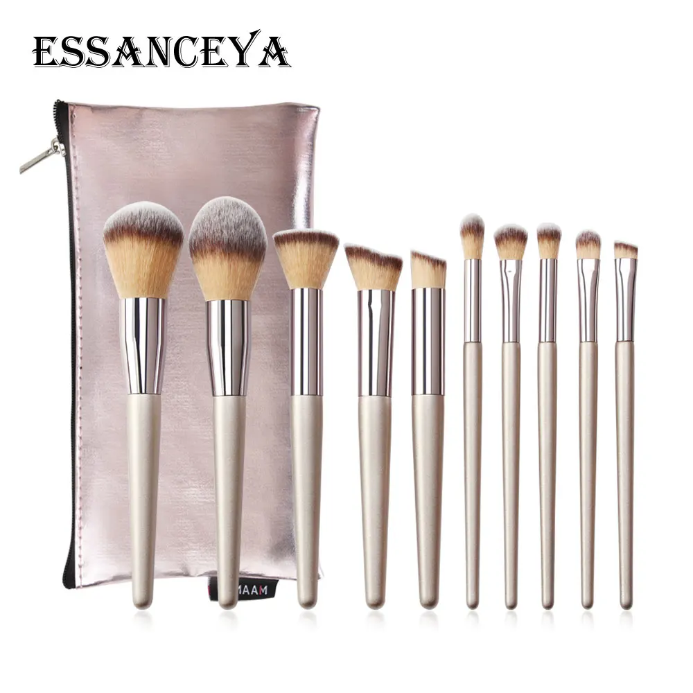 10 pcs with bag Essanceya 10 шт. светло-коричневый набор кистей для макияжа пудра для бровей, теней кисть для румян кисть для растушевки макияжа кисть, косметические инструменты набор для макияжа бровей, Наборы - Handle Color: 10 pcs with bag