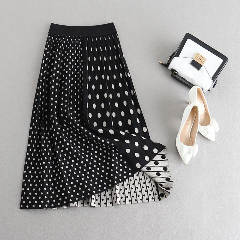 

2021 High Waist Spring Women Knitting Dots Print Women Long Skirt Stretch Vintage Women Winter Skirt Faldas Jupe Femme Saia