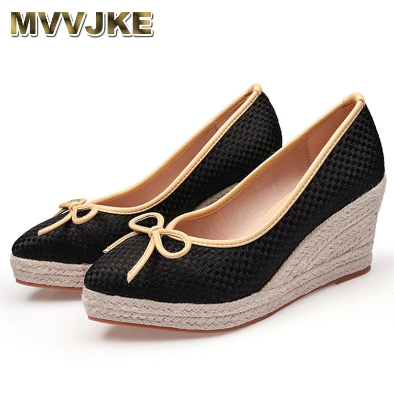 

MVVJKE women high heel shoes pointed toe wedges platform bowtie knot lady Espadrilles shoes party pumps comfortable casual