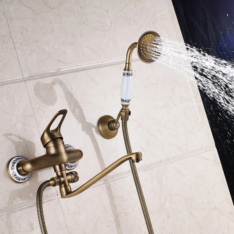 Одиночная Ручка 25 см длинный носик смеситель для ванны, раковины ручные смесители для душа с ручной душ и кронштейн античная латунь краны для ванной - Цвет: type B