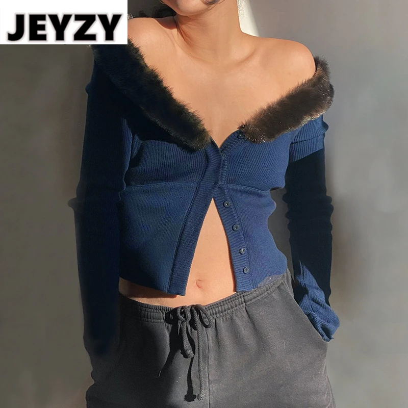 

Женский облегающий вязаный кардиган Jeyzy, повседневный осенне-зимний клубный свитер с V-образным вырезом и длинным рукавом, укороченный свит...