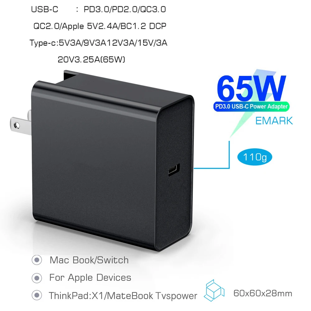 65W 20V 3.25A USB PD Power Laptop Adapter For Macbook iPhone Samsung Xiaomi Type C QC3.0 Fast Charger With E-Mark 100W Cable | Компьютеры