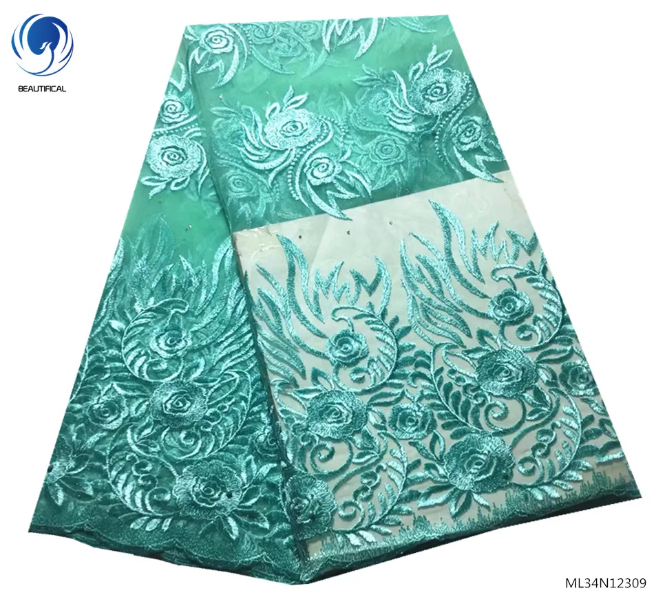 Красивые африканские кружевные ткани зеленые тюлевые шнурки Стразы для женщин 5