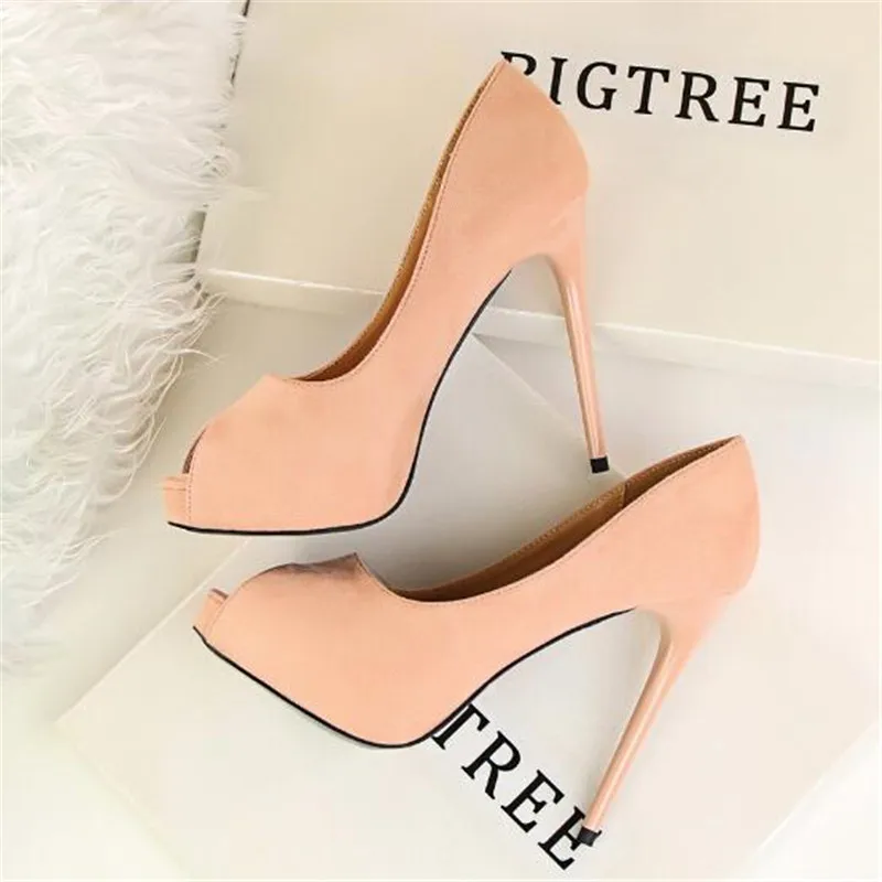 

2021 New Autumn Fashion Platform Women Pumps Concise Solid Flock High Heels 12cm Shoes Women's Peep Toe Shallow Sexy Party Shoes