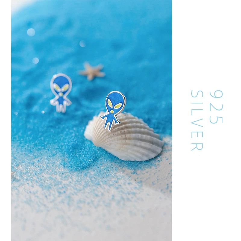 

Colusiwei Genuine 925 Sterling Silver Blue Enamel Stud Earrings for Women Cute Alien Ear Pins Fine Jewelry Accessories Kids Gift