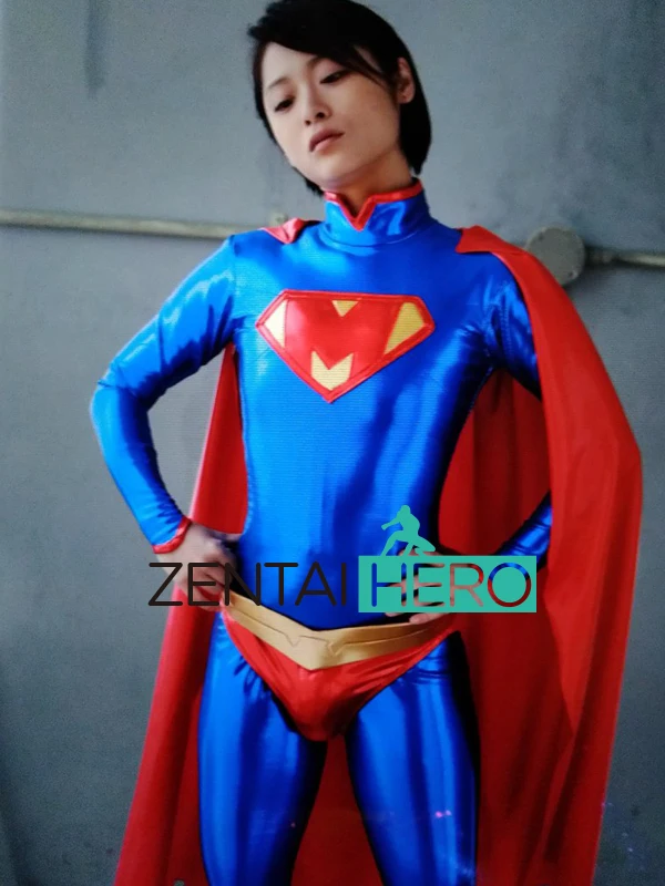 Super Heroine Women's Bodysuits Blue Shiny Girl Lady Hero Zentai Catsuit Spandex Movie Sexy Superhero Suit with Cape