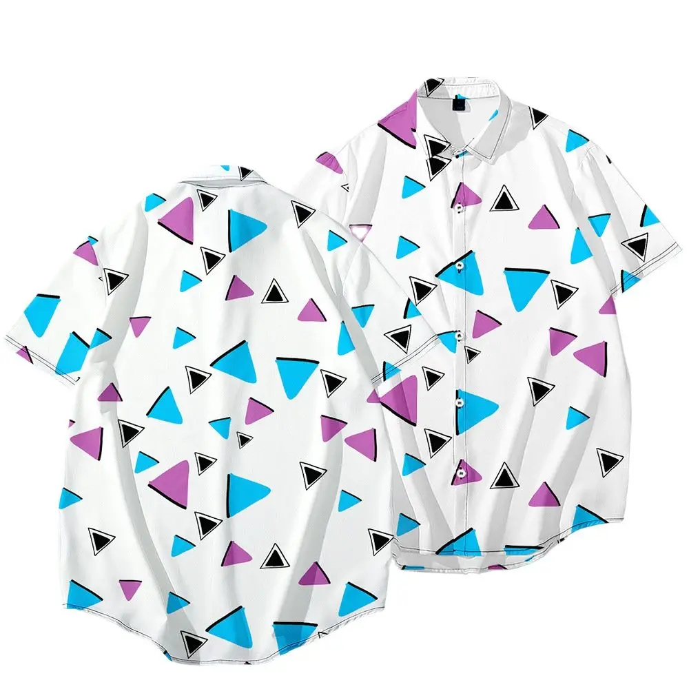 

Летняя гавайская рубашка, Мужская Уличная одежда с коротким рукавом, свободные рубашки с отворотами, с треугольным рисунком, размера плюс, ...
