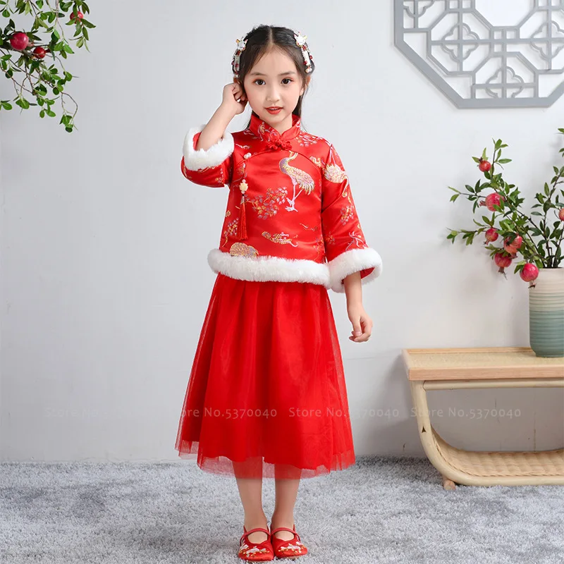 Зимний костюм для мальчиков с вышивкой дракона Тан платье девочек праздничные