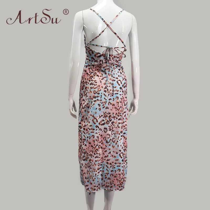 

ArtSu Leopard Print Maxi Dress Backless Lace Up High Split Spaghetti Strap Long Dresses 2021 Women Beach Party Sexy Summer Dress