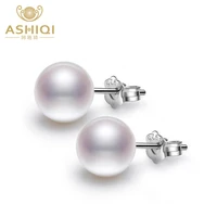 ashiqi 100 perfect round natural freshwater pearl earrings real 925 sterling silver stud earring jewelry