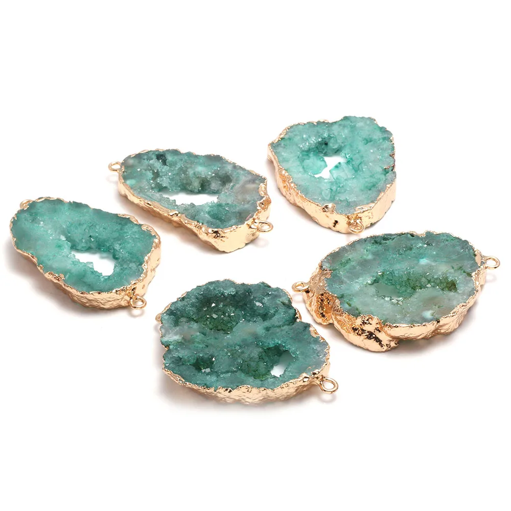 

Natural Druzy Agates Pendant Connectors Irregular Gold Plated Double Hole Connectors for DIY Jewelry Making