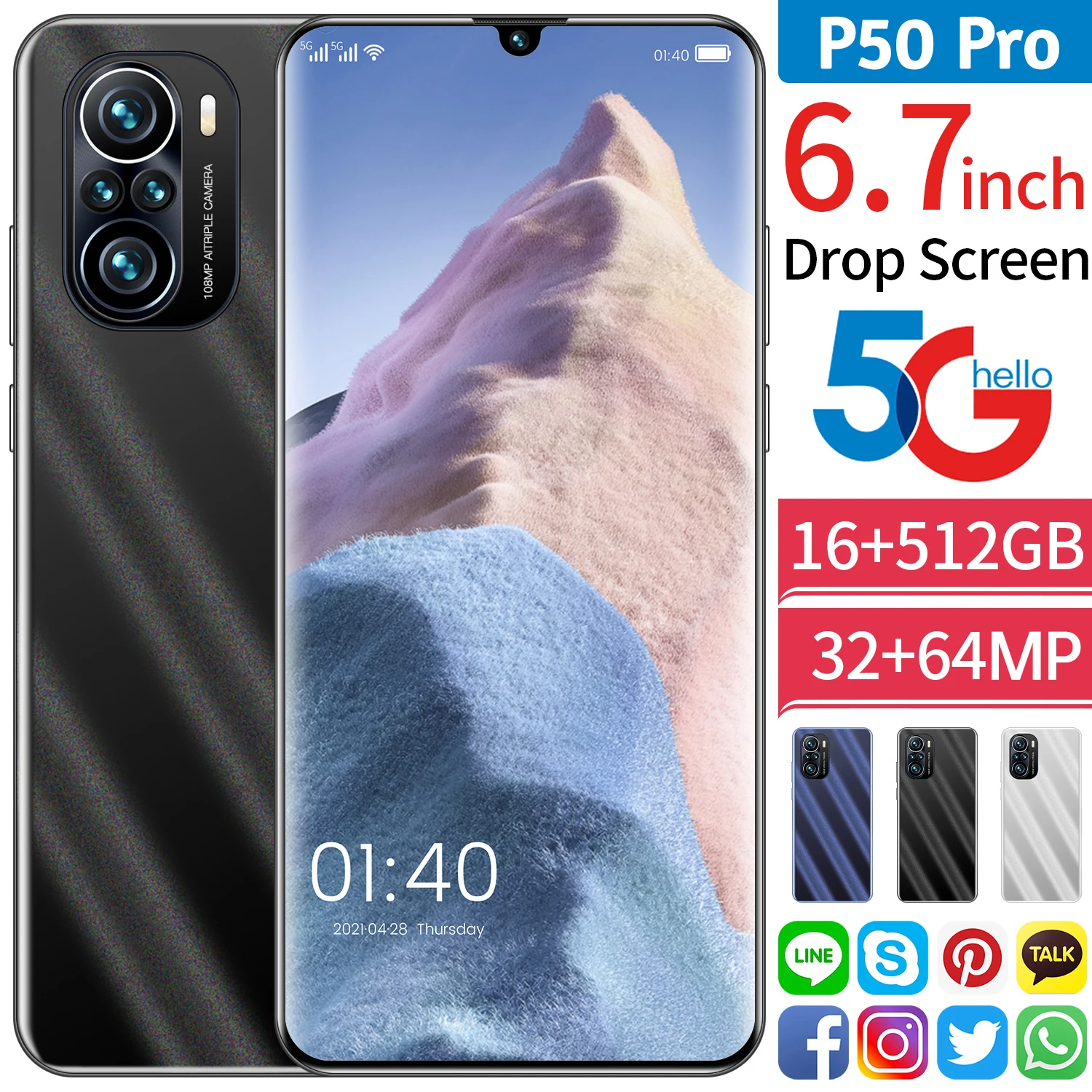 

6.7Inch Smartphone P50 Pro Global Version Dual SIM 6000mAh 16G+512G Deca Core MobilePhone 4G 5G 32+64MP Unlock Face ID Cellphone
